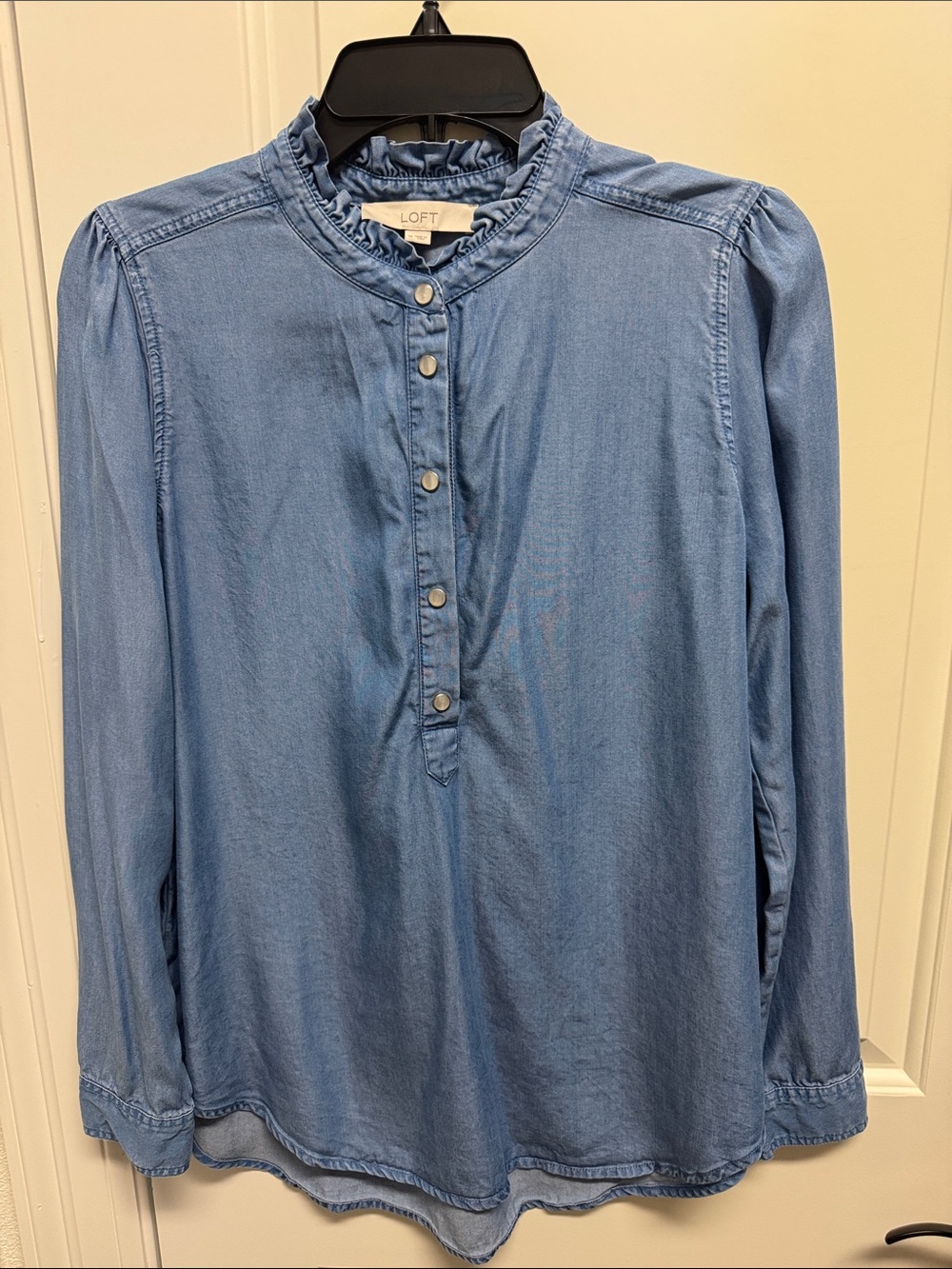 LOFT Light Blue Chambray Ruffle-Neck Button Pullover Blouse